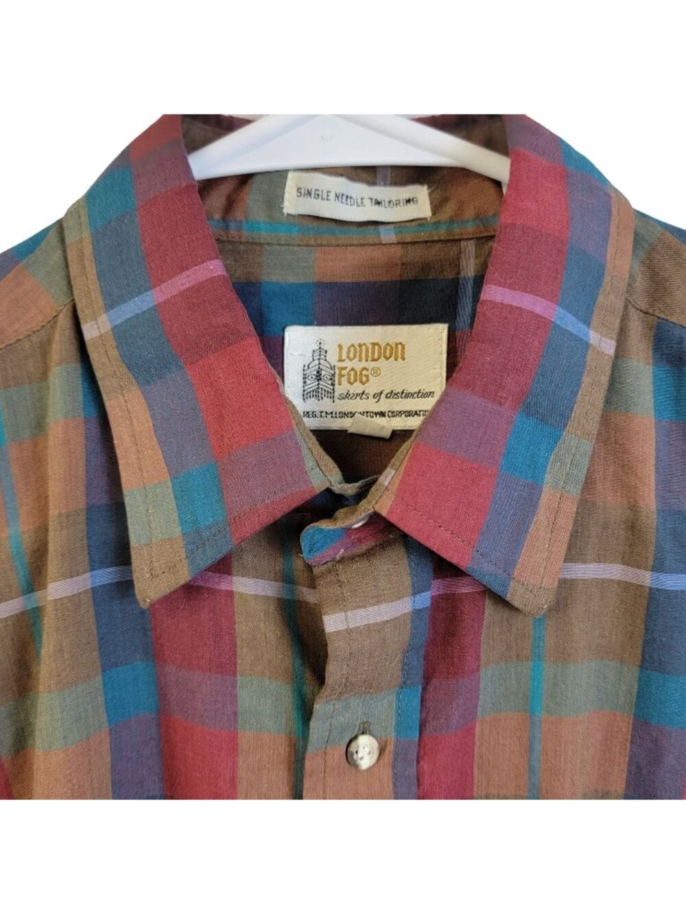 London Fog Vintage 80s Dress Shirt Men Large Colorful Plaid Button Up Top Brown